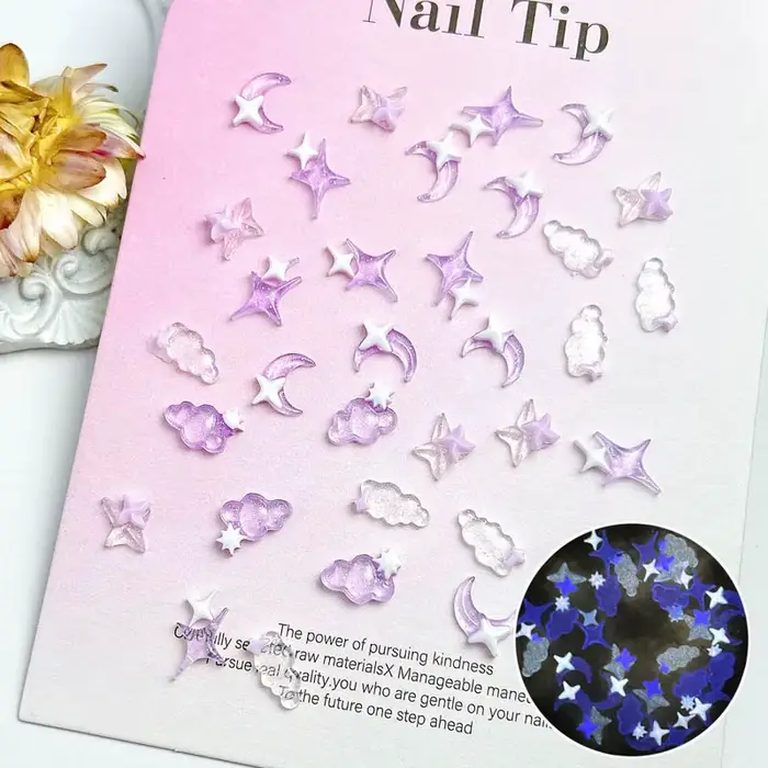 Breloques en résine transparente pour Nail Art, lune, nuage, blanc, violet, étoile à quatre branches
