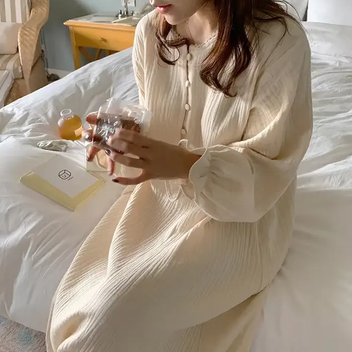 Robe 100% coton pour femmes, imprimé cerise, manches longues, boutonnée, Maxi, coréenne, confortable