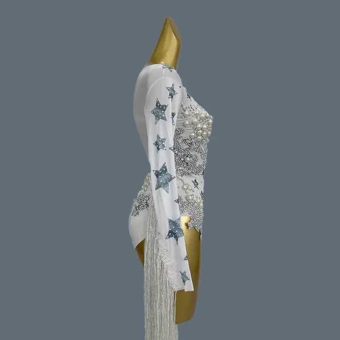 Justaucorps à Franges avec Strass et Grosses Perles pour Femme, Combinaison de Soirée à Long Pompon,