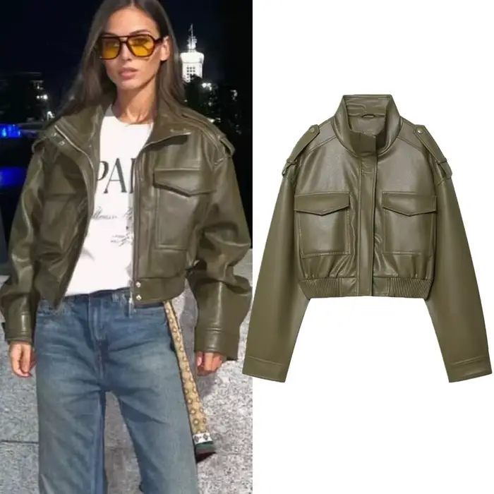 Dámska zelená kožená bunda, streetwear štýl, jesenná a zimná sezóna, odolná voči poveternostným vplyvom, dekoratívne tlačidlo, všestranné a pohodlné