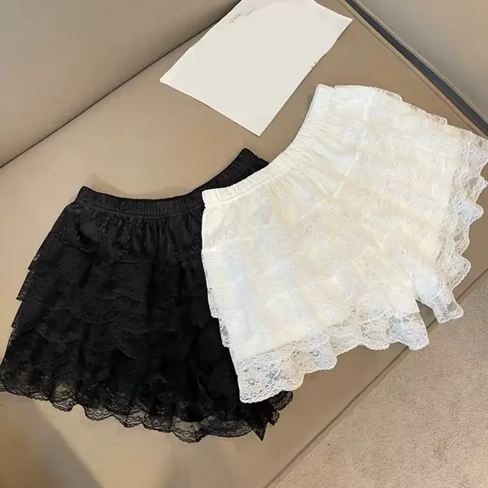 Čierne a biele skladané bezpečnostné nohavičky pre ženy, roztomilý štýl Lolita, vintage kraťasy, princezná spodná bielizeň pre dievčatá, letné spodná bielizeň