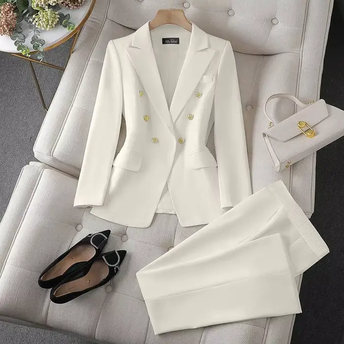 Dvojdielny kórejský módny set: Saká so sťahovacím golierom a úzke nohavice s dlhými rukávmi pre ženy – Elegantný kancelársky outfit