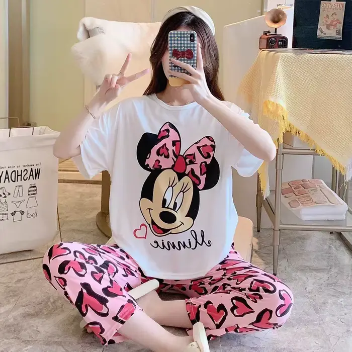 Dámske dvojdielne pyžamo, krátke rukávy, dlhé nohavice, Kawai, pohodlné, domáca sada, roztomilá karikatúra, príležitostné, dámska pyžamová sada