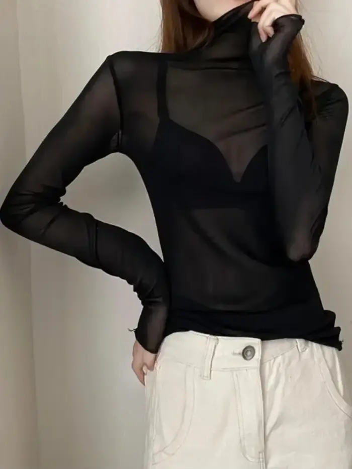 Femmes Sexy T-Shirt voir à travers des hauts en maille transparente à manches longues pure mince dam