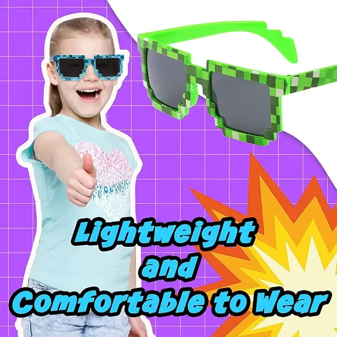 Articles de fête sur le thème des pixels, lunettes de soleil pixelisées, bracelets en silicone, déco
