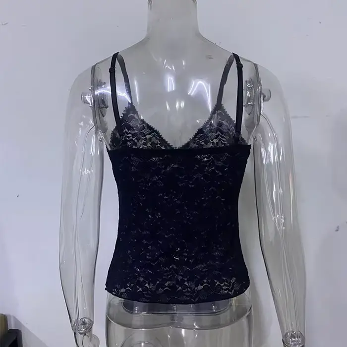 Čierne priehľadné čipky krátke Cami pre ženy, letné oblečenie Y2K, sexy tielko V-Neck, estetické gotické tričká z roku 2000