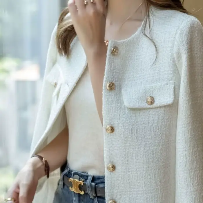 Manteaux coréens pour femmes, veste en laine française Tweed, mode haut de gamme, boutons dorés, cou