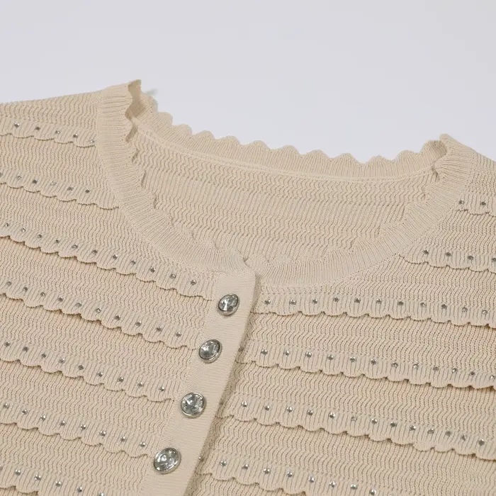 Súprava cardigan + tielko + polosukňa z čipkovaného úpletu s kamienkami