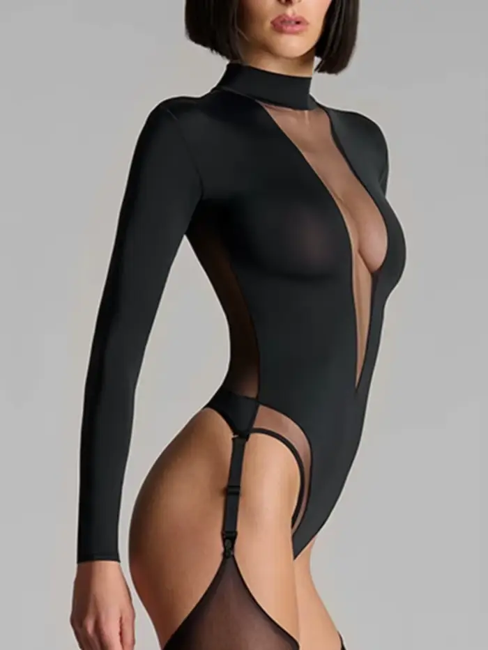 Európske a americké Sexy pikantné dievča jednofarebné čipky s dlhým rukávom Bodysuit jar a jeseň Sexy ženy Slim Fit topy