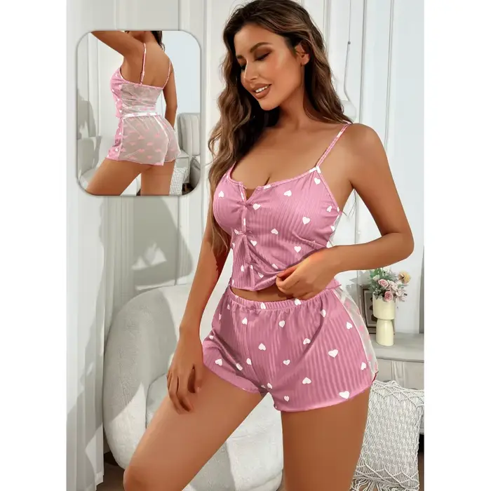 Nuisette féminine imprimée de coeurs courte sexy et confortable pour la saison estivale occasions romantiques et nuit de repos détendue
