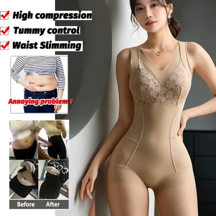 Body sculptant pour femme avec contrôle abdominal, design ouvert aux hanches, appliqué, post-partum, avec soutien-gorge intégré