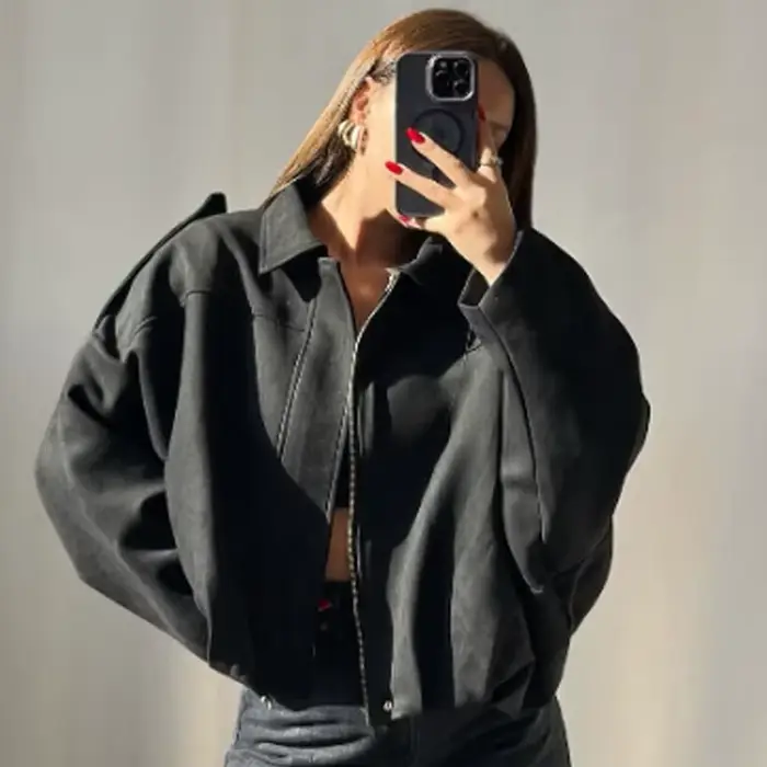 HXAO – veste courte en daim pour femme, blouson bombardier surdimensionné, manches chauve-souris, vê
