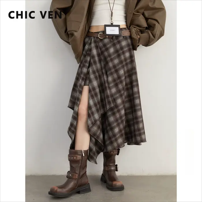 CHIC VEN Jupes pour femmes, coupe trapèze, style rétro, taille haute, motif écossais irrégulier, asp