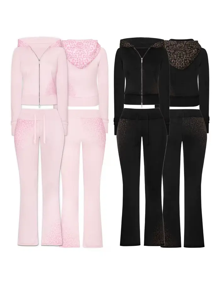 Ensemble deux pièces Y2K imprimé léopard en maille pour femme – Tenue décontractée de sport, yoga, s