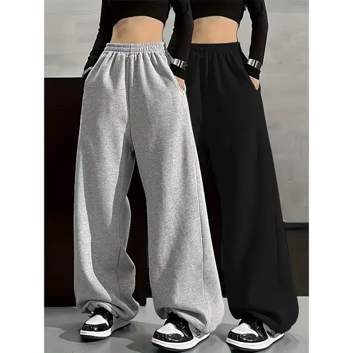 Pantalon à jambes larges confortable de couleur unie avec poche à taille élastique, coupe ample déco