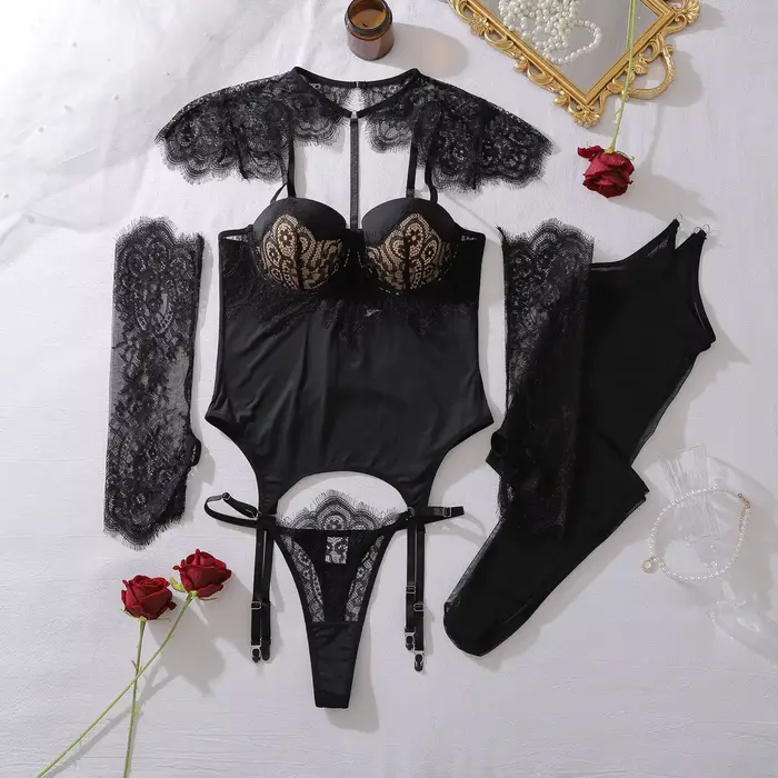 Ensemble de lingerie féminine Cougar, corset exotique et string 2 pièces avec gants et bas, tenue co