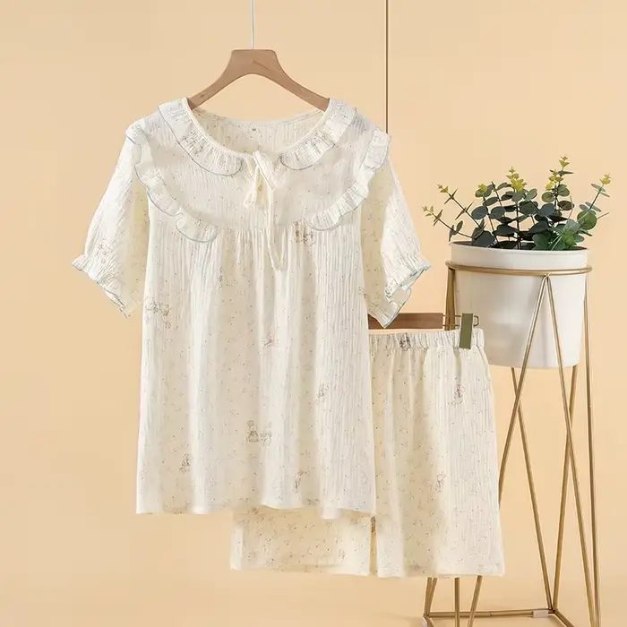 Tissu crêpe de coton pour femmes, petite chemise de nuit florale fraîche, douce maison, manches cour