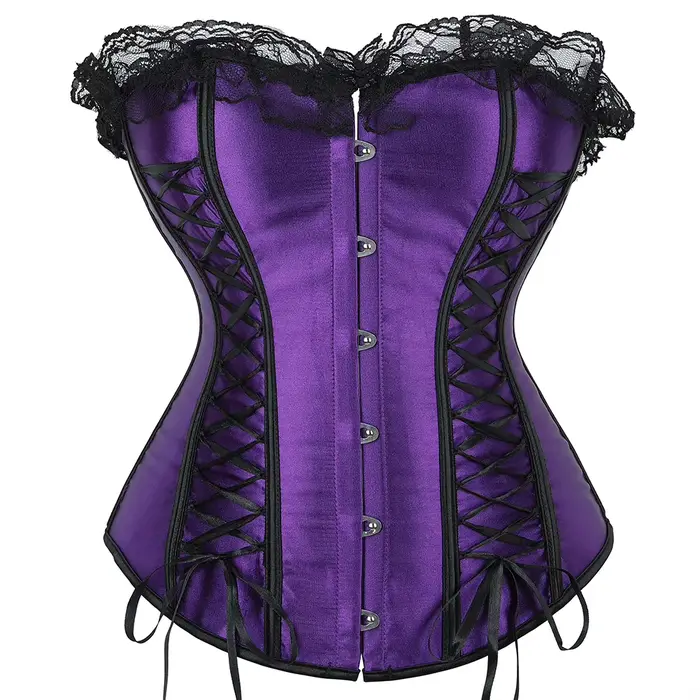 Corset vintage pour femme, sexy, surbuste, violet, à lacets, avec baleines, style victorien, en sati
