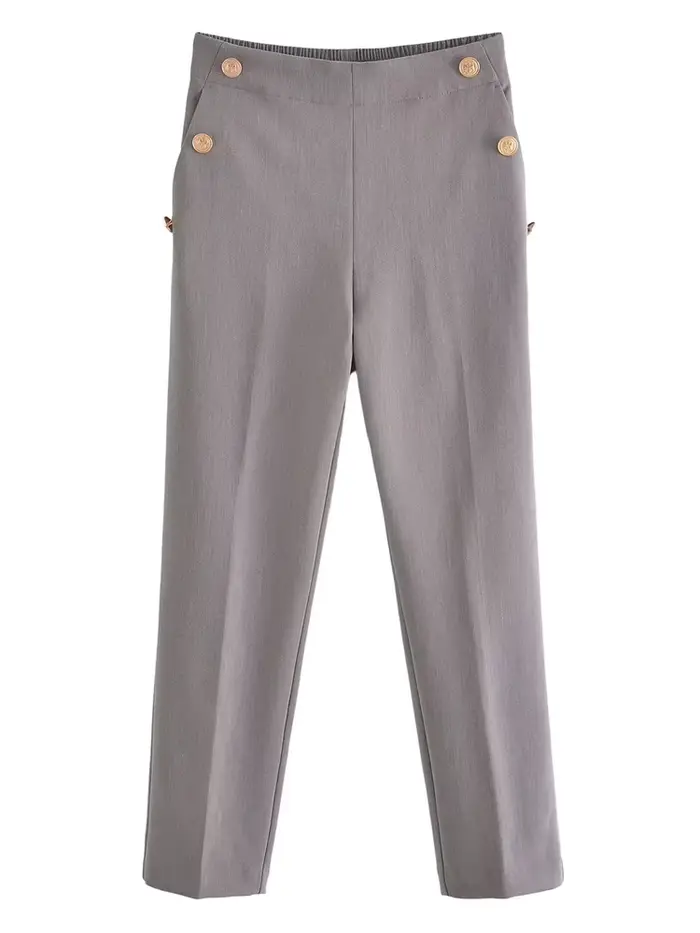 Zevity-Pantalon Crayon Décontracté pour Femme, Mode, Solide, Document, lèvent Dorés, Chic, Longueur 