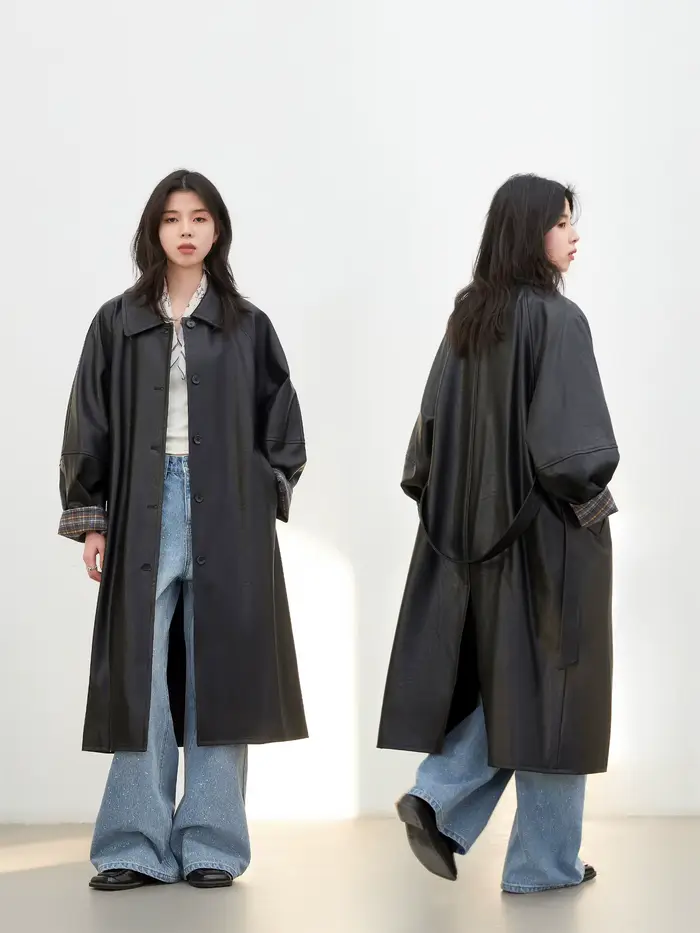 Manteau long en PU pour femme CHIC VEN, nouveau modèle décontracté avec ceinture, en similicuir, cou