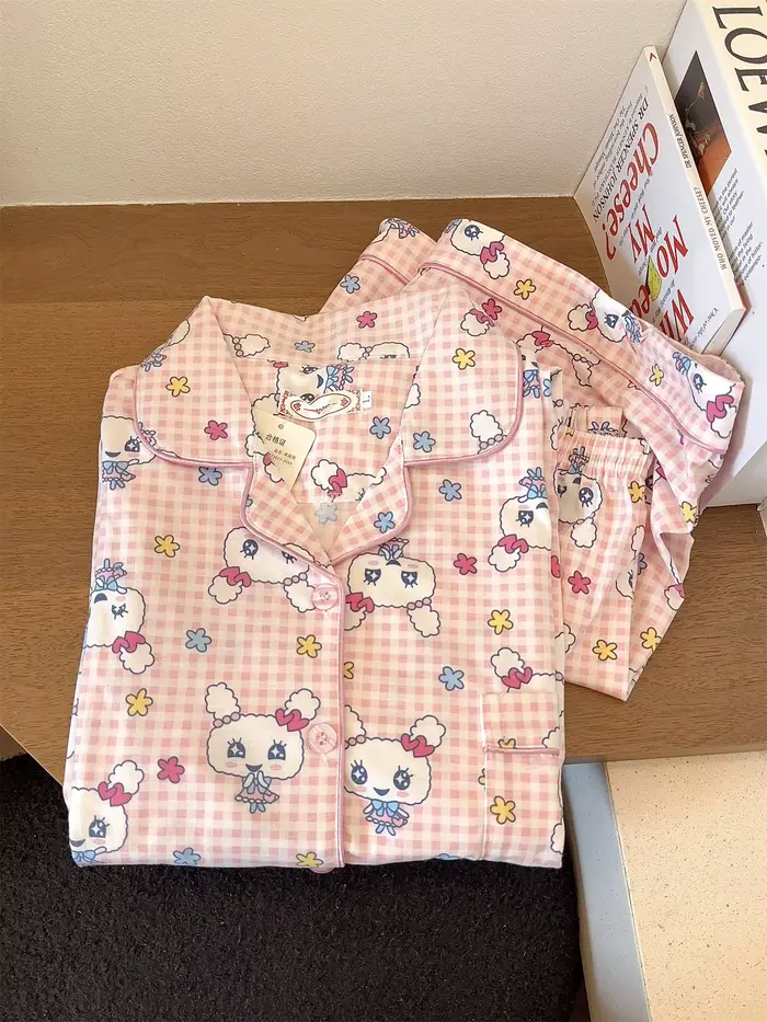 Tamagotchi Tlač pyžamový set - Dámske krátke rukávy bavlnené letné nočné oblečenie (roztomilé kreslené šortky a top)