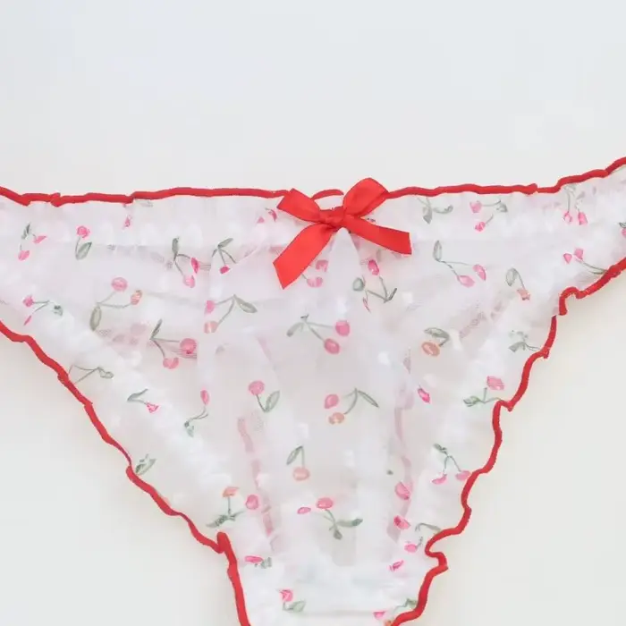 Sissy rose cerise mousseline de soie mignon string femmes taille moyenne nœud transparent érotique t-back culotte doux string à volants doux slips Lingerie