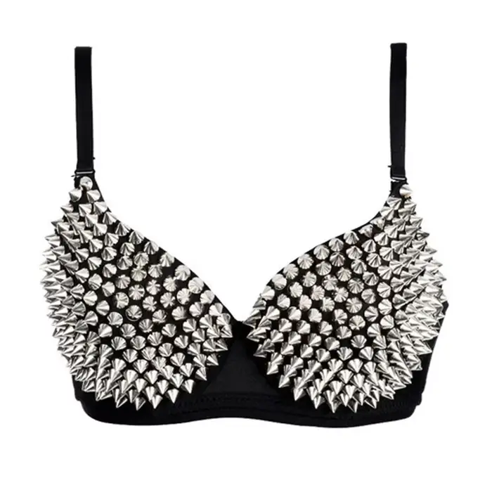 Rivets argentés Punk Rave Bralette Lingerie gothique soutien-gorge haut Sexy Push Up brassière disco