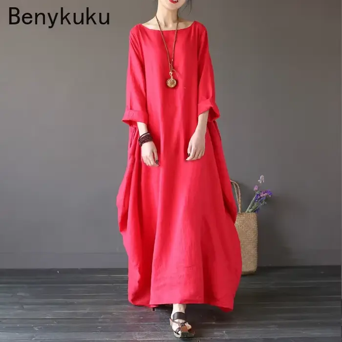 Vintage dlhé maxi šaty pre ženy s dlhými rukávmi veľká veľkosť kaftan voľný bavlnený ľanový casual 2025