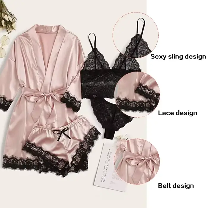 4-dielna dámska nočná bielizeň pyžamový set so Sexy čipkovanou spodničkou