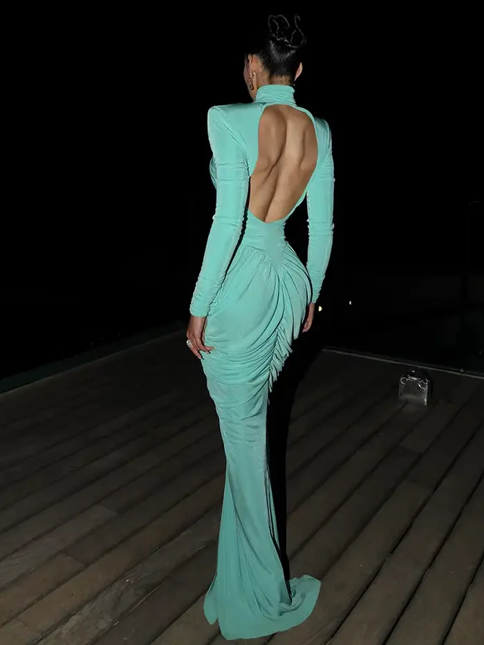 Bizarre Puss jeseň nový štýl maxi šaty pre ženy rolák dlhé rukávy odhalený chrbát štíhle Stretch plesová párty nariasené elegantné