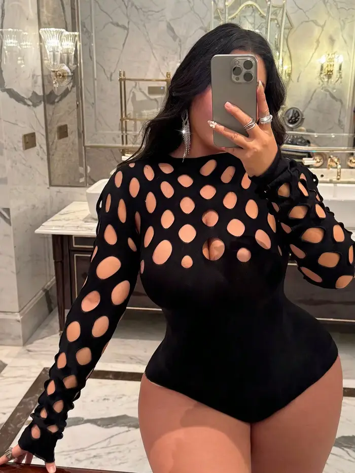 Sexy kombinéza pre ženy, veľká veľkosť, rybárska sieť, tesná, farba jednofarebný, s dlhými rukávmi, trendy