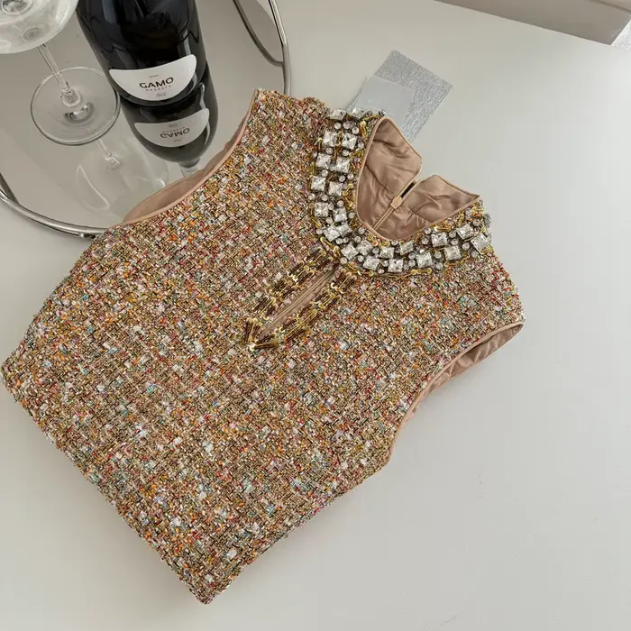 Mini robe de luxe en Tweed pour jeunes filles, couleur Vintage, douce, diamants, sans manches, tissa