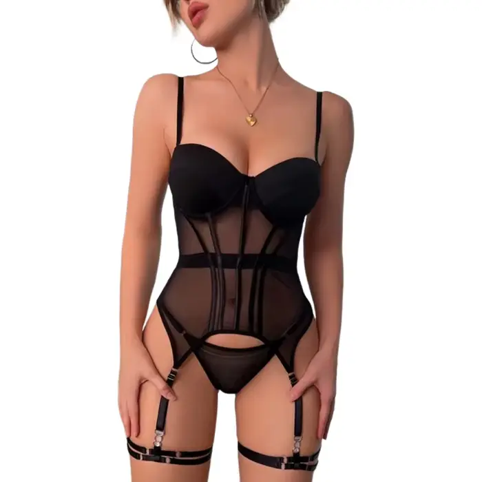 MUZISKAT sieťovaná luxusná značka body s otvoreným chrbtom pre ženy 3-dielna sada s podväzkom sexy šaty pre
