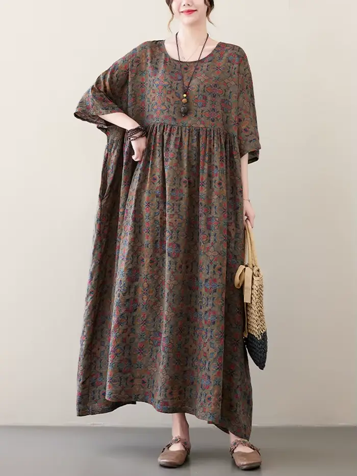 Robe longue vintage en coton à manches courtes et imprimé violet pour femme – Collection été 2026 –