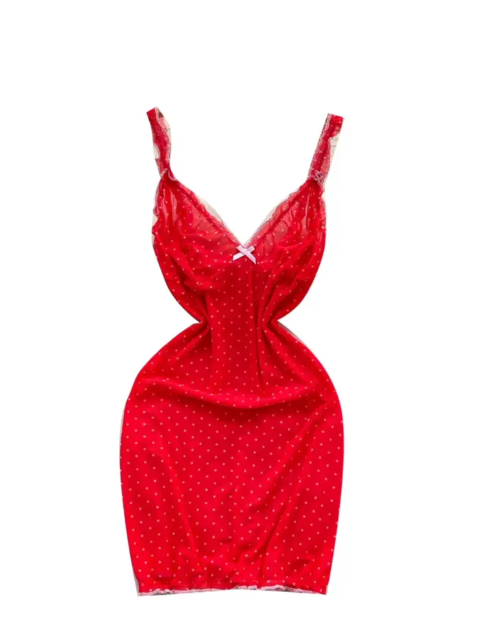 Mini Robe Pois Rouge Maille Moulante Coupe Cintrée Licou Ajouté Jupe Évasée Robe Élégante Occasions Spéciales Fille