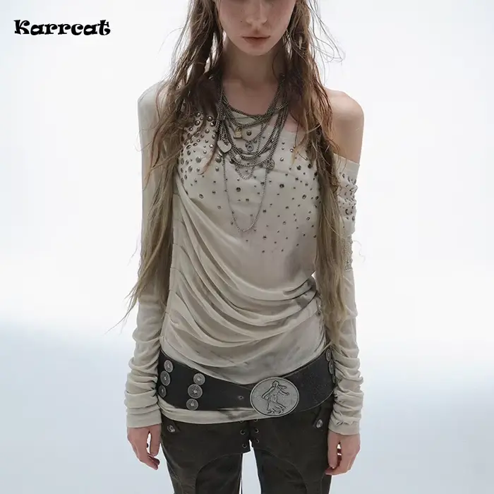 Karrcat Grunge Estetické Mimo Rameno Tričko Trashy Y2k Diamantová Potlač Vintage 2000-tych Roky Streetwear Punk Štýl