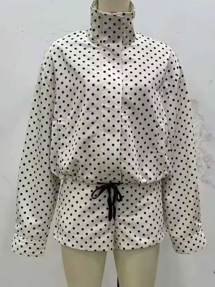 HH – ensemble imprimé à pois pour femme, veste à manches longues, col roulé, cordon de serrage + sho