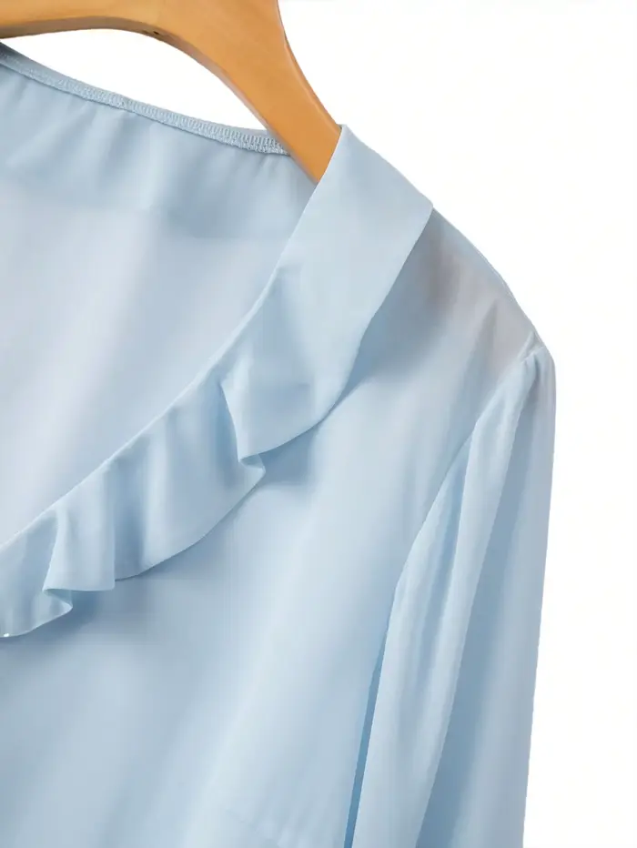 košeľa s dlhým rukávom modrý štýl Hebe pre ženy, elegantný, V-Neck, zoštíhľujúci, s drevom ovplyvneným okrajom, elegantný pre kanceláriu