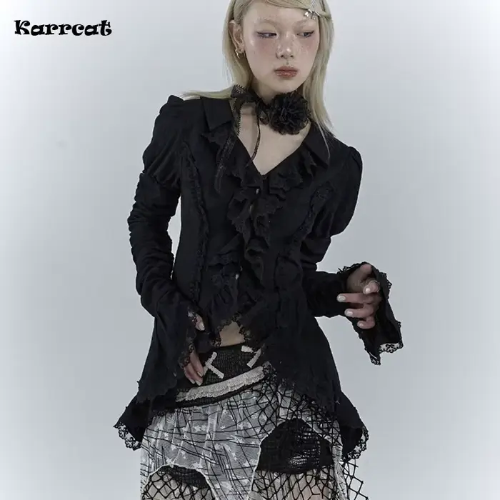 Karrcat-Gotická čipkovaná čierna košeľa