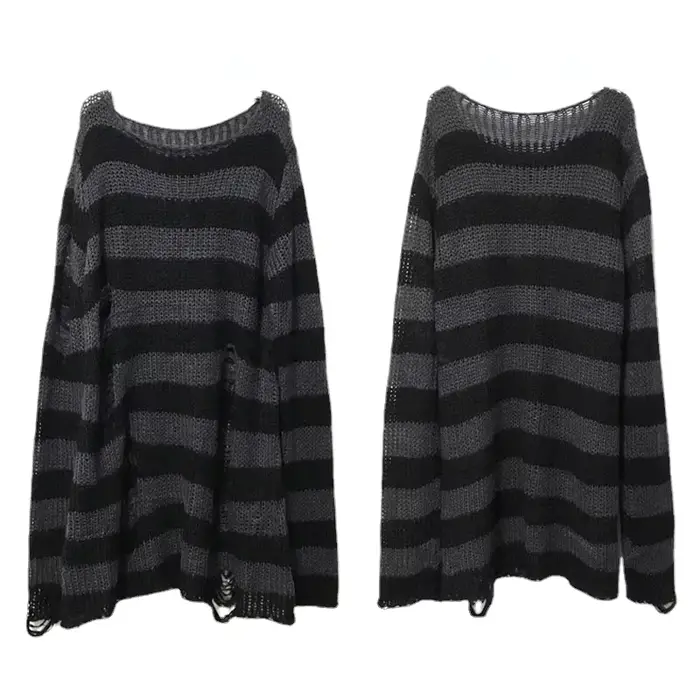 Nové punkové gotické dlhé unisex letné tričko pre ženy pruhované cool dierované roztrhané voľné rockové tenké tmavé streetwear