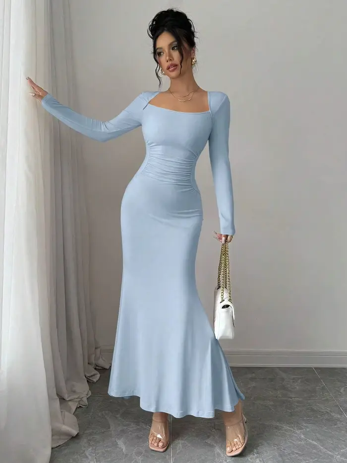 Robe quatre saisons pour femmes, nouveau Style, tempérament élégant, rétro, couleur unie, col carré,