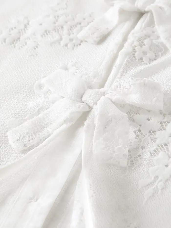Chemisier blanc à nœud et dentelle pour femme FSLE 2026, col en V, manches courtes, chemise de créat