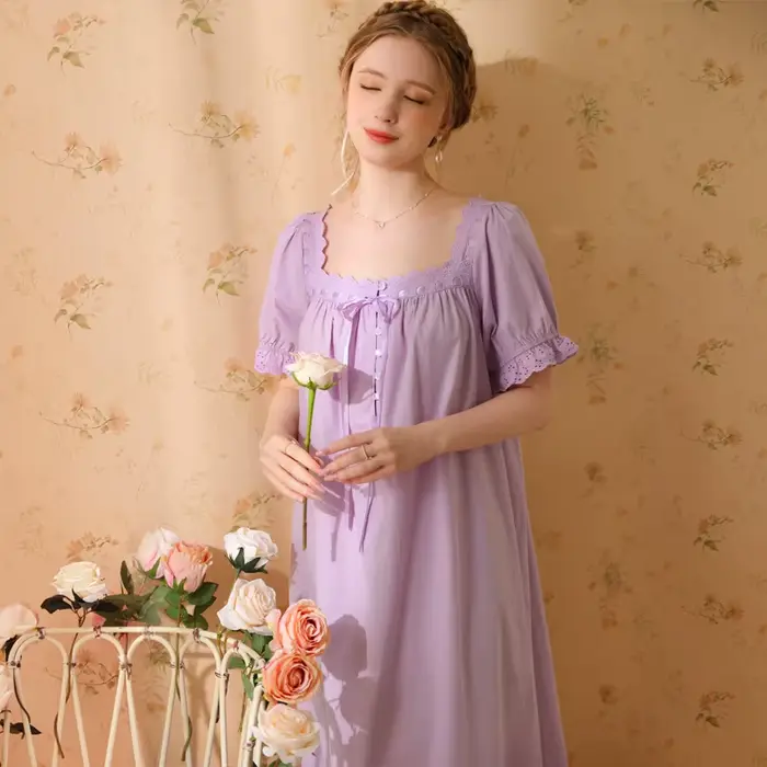 Palác štýl pyžamové šaty pre ženy, bavlnené, dlhé, sexy, retro, francúzska princezná, krátke rukávy, jednofarebné, Sleepwear, 2023
