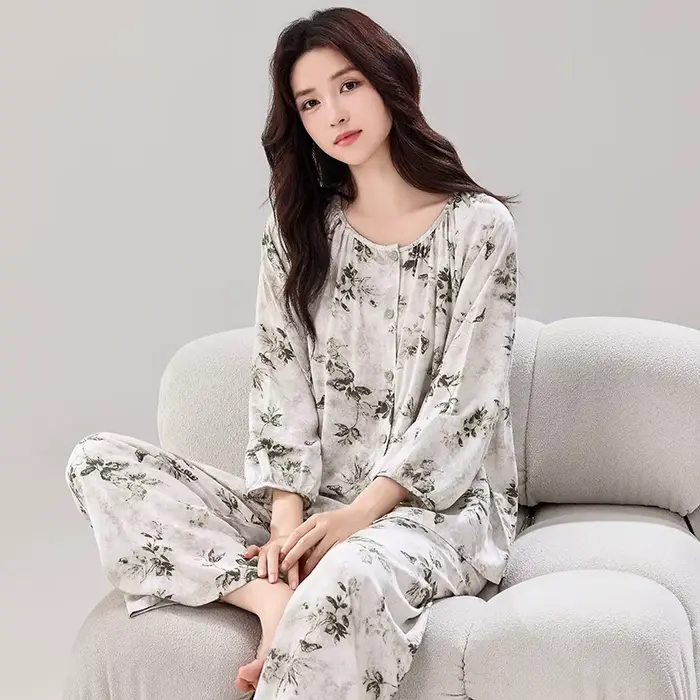 Pyjamas Femme nouvelle impression à manches longues pantalon ensemble élégant vêtements de nuit en c