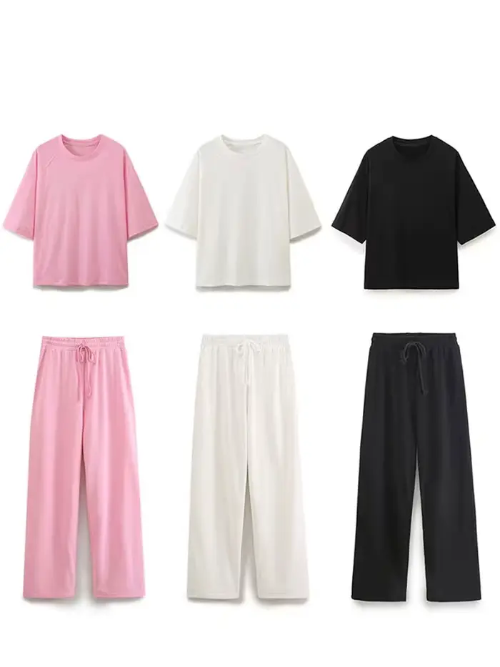 HH été femmes décontracté T-Shirt pantalon ensembles élégant rose col rond manches courtes T-Shirt +