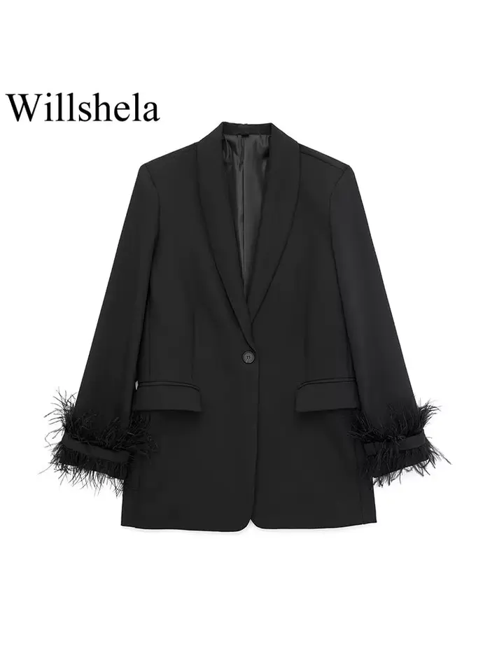 Willshela dámsky módny saténový čierny s perím Blazer sako Vintage výstrih s chlopňou jeden gombík dlhé rukávy dámske oblečenie