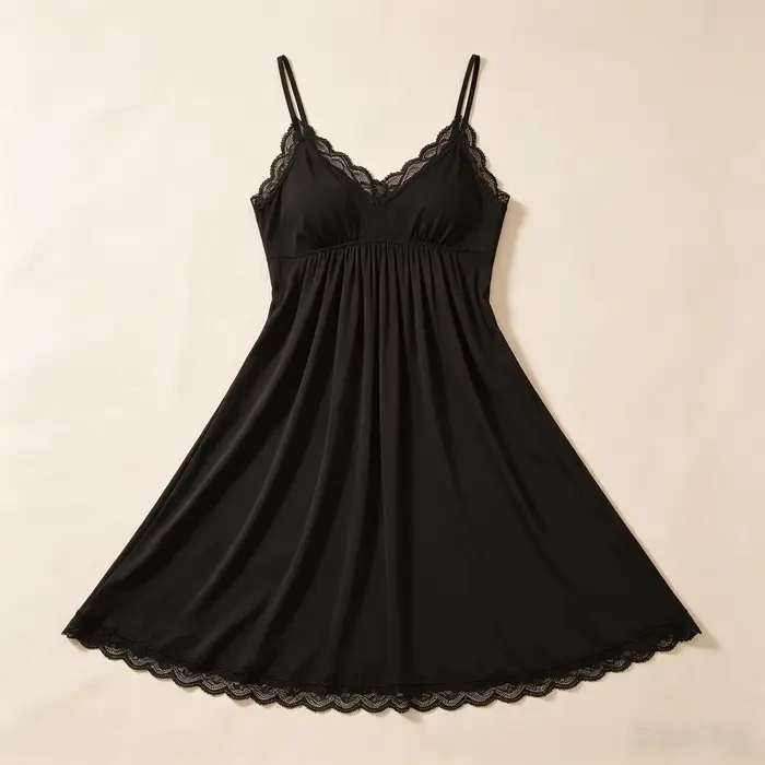 Dámska voľná stredne dlhá nočná košeľa v mäkkej modálnej farbe, V-neck, špagetové popruhy, čipka výbava, priedušná, ležérna, pre domácnosť
