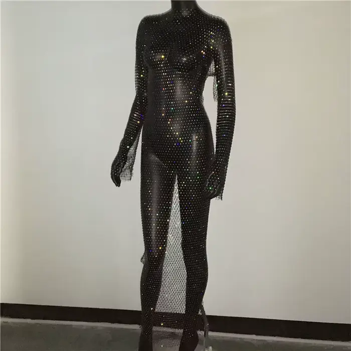 Robe en résille à grille de strass brillants, manches longues, col rond, fente latérale creuse, Sexy