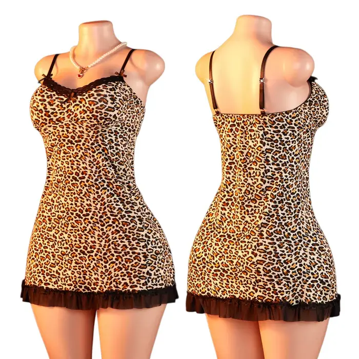 Sexy Leopard Print V-Neck čipka nočná košeľa pre ženy Letné romantické večery