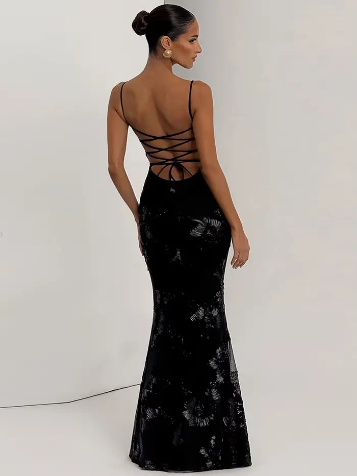 Nibber Elegantná Kvetinová Výšivka Maxi Šaty Ženy Nízky Golier Krížový Obväz Holý Chrbát Letné Uličný Trend Skinny